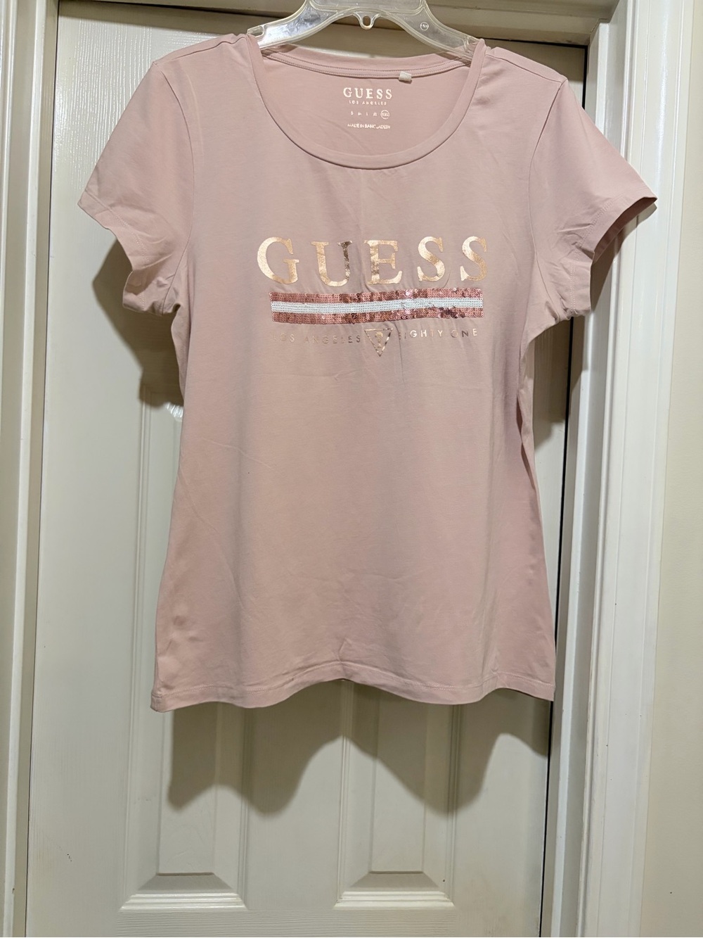 GUESS Pale Pink Metallic Logo Short Sleeve Tee